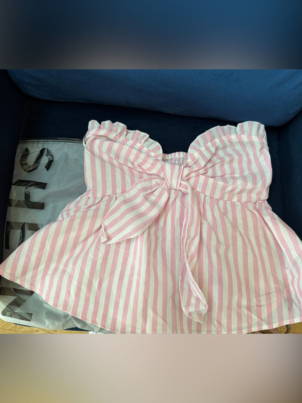 SHEIN Pink and White Striped Strapless Tie-Front Peplum Top